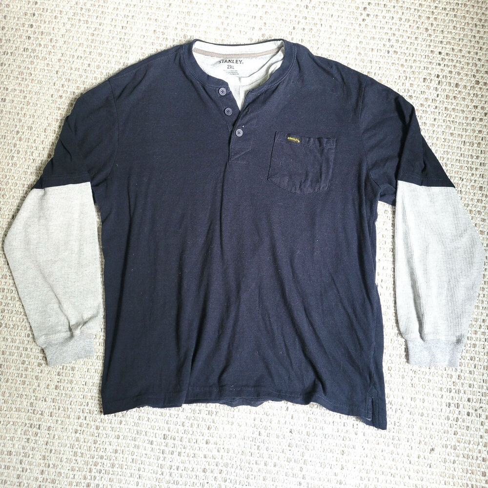 Stanley Mens 2XL Blue Layered Long Sleeve Henley Shirt Layered Workwear T Shirt